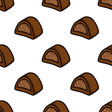 Seamless vector pattern of stylized chocolate confections with a textured nougat filling.