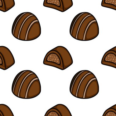 A delightful seamless vector pattern featuring stylized chocolate confections with a rich brown hue and creamy filling, perfect for sweet-themed designs.