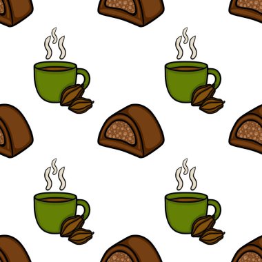 Delicious seamless vector pattern featuring steaming hot chocolate in green mugs alongside cocoa beans and rich chocolate confections.