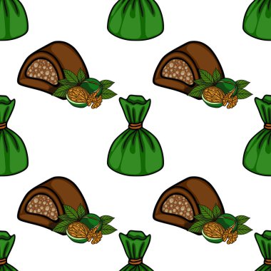 A seamless vector pattern featuring stylized chocolate candies with walnuts and green leaves, and individually wrapped green candies, set against a clean white background.
