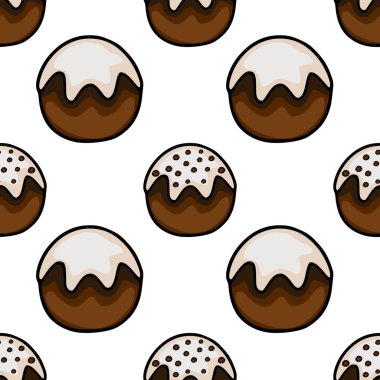 Seamless vector pattern of cartoon-style chocolate cupcakes with white frosting and chocolate chip toppings, set against a clean white background.