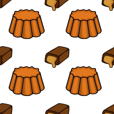 A delightful vector pattern featuring stylized chocolate bars and caramel-filled pastries, rendered with a clean, graphic style and warm, inviting colors, perfect for food-themed backgrounds and de...