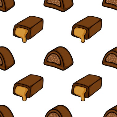 Seamless vector pattern of delicious chocolate candies with caramel filling and crunchy nougat centers, set against a clean white background.