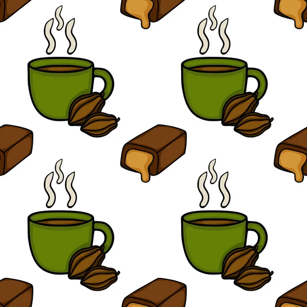 Charming seamless vector pattern featuring steaming cups of coffee, cocoa beans, and chocolate bars, perfect for culinary themes.