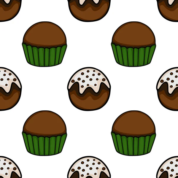 Seamless vector pattern of delicious chocolate cupcakes in green wrappers, some topped with white icing and dark chocolate chips.