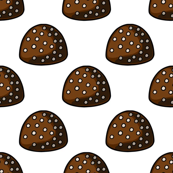 A charming seamless vector pattern featuring stylized chocolate candies with white speckles on a white background.