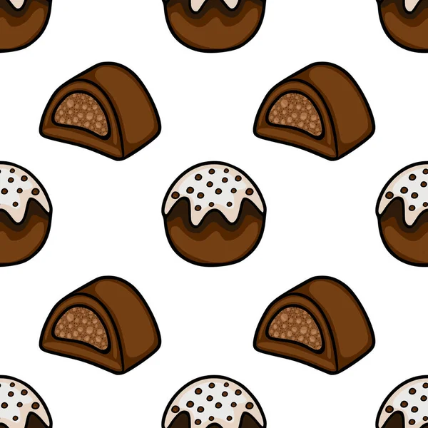 Detaylı dokuları olan çeşitli çikolata şekerleri içeren kusursuz bir vektör deseni, beyaz arka planda temiz ve açıklayıcı bir şekilde sunulmaktadır..