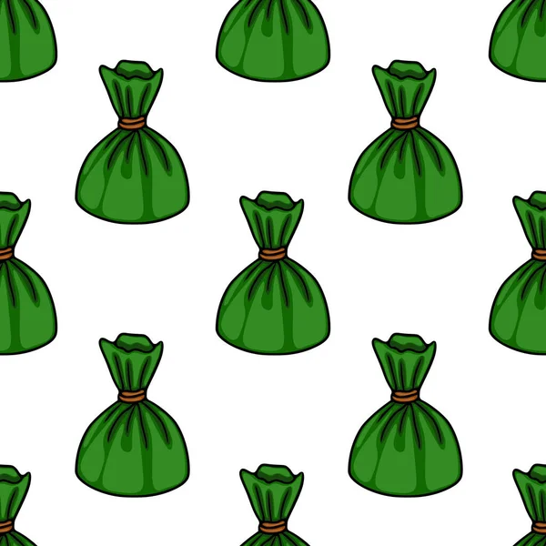Seamless vector pattern of stylized green gift bags tied with a brown string, presented in a playful, illustrative style against a clean white background.