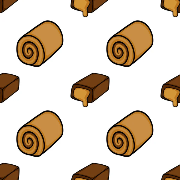 Seamless vector pattern featuring stylized chocolate bars and caramel rolls on a white background, perfect for food-themed designs and packaging.