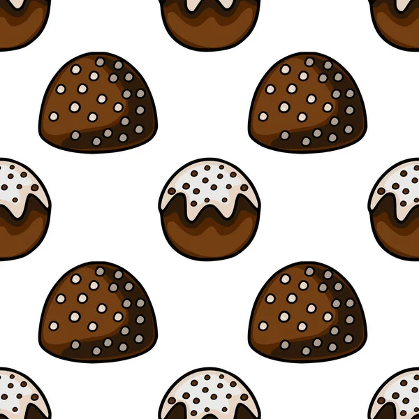 A delightful seamless vector pattern featuring various chocolate confections with white icing and speckled toppings, perfect for confectionery branding and packaging.
