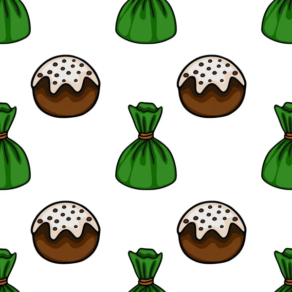 A delightful vector pattern featuring green wrapped candies and chocolate cakes adorned with white icing and sprinkles, set against a clean white background.