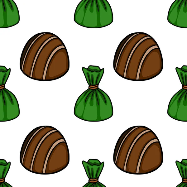 A delightful seamless vector pattern featuring assorted chocolates, with rich brown pralines and vibrant green candy wrappers, set against a clean white background.