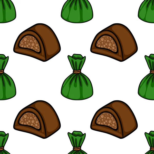 A charming vector pattern featuring stylized chocolate candies with textured fillings and vibrant green wrappers, evoking a sweet and delightful confectionery theme.