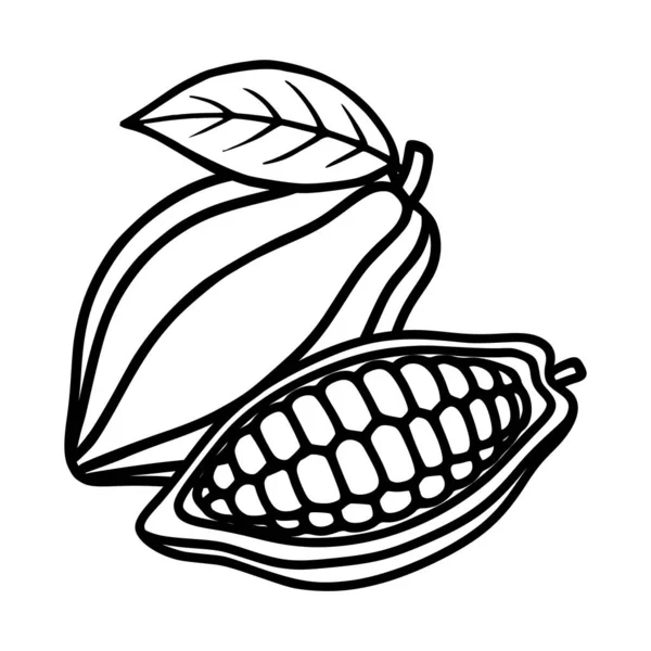 Minimalist vector illustration of a whole and a halved cocoa pod with a leaf, showcasing its seeds and organic shape.