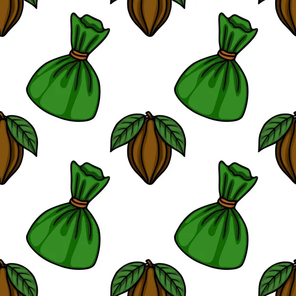 Biçimlendirilmiş yeşil paketlenmiş şeker ve beyaz arka planda yaprakları olan kakao kabuklarının kusursuz vektör deseni.