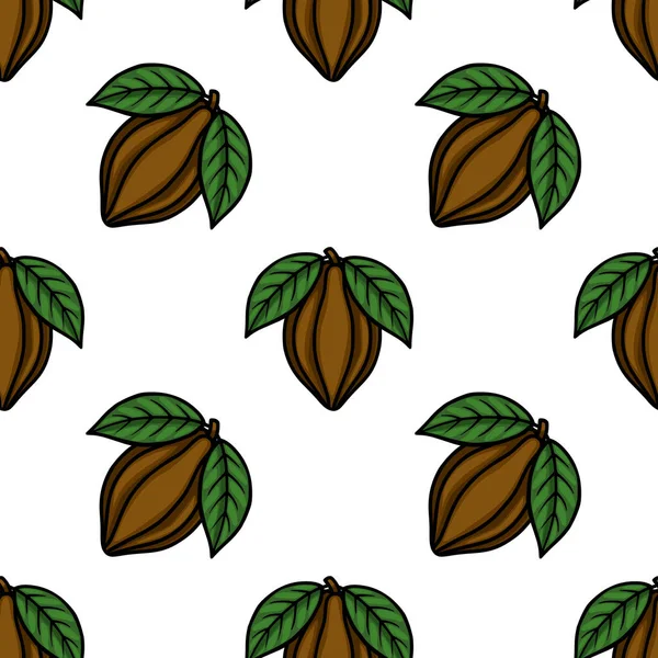 Seamless vector pattern of stylized cocoa pods with green leaves, perfect for food and drink backgrounds.