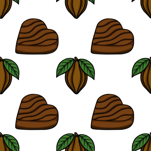 Seamless vector pattern of stylized chocolate pralines and cocoa pods with leaves.