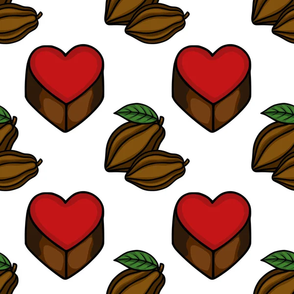 A charming vector pattern featuring heart-shaped chocolates and cocoa pods, perfect for confectionery branding and sweet-themed designs.