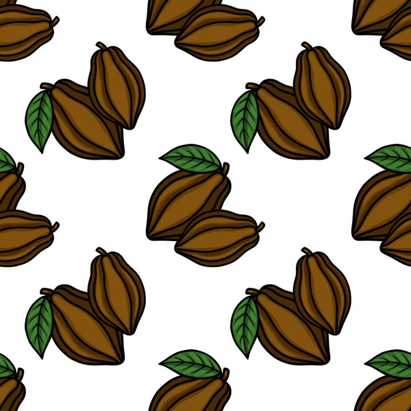 Seamless vector pattern of stylized brown cocoa pods with green leaves, showcasing a simple, repeating design perfect for food-related backgrounds.
