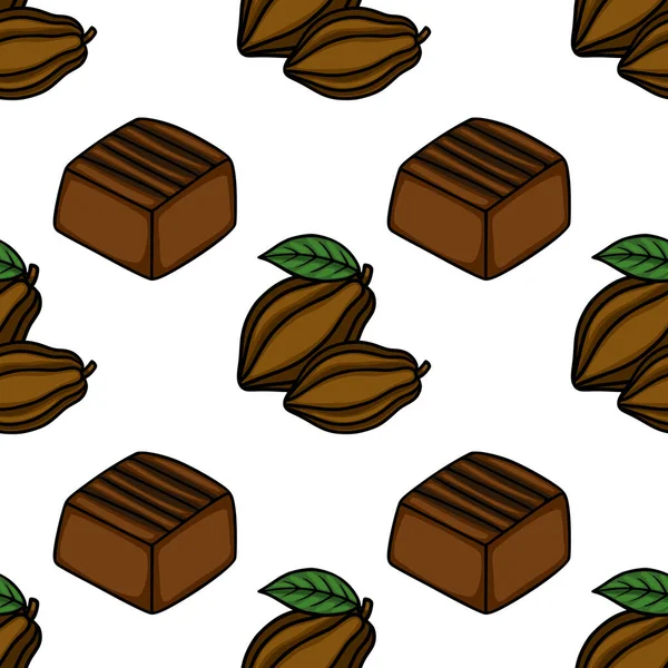 A charming vector pattern featuring rich brown chocolate bars and fresh cocoa pods with vibrant green leaves, set against a clean white background, perfect for confectionery branding and packaging.