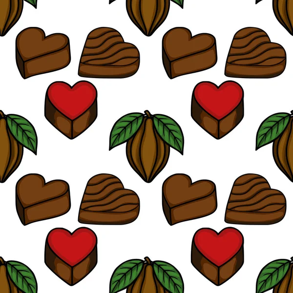 Seamless vector pattern featuring stylized cocoa pods and assorted chocolate candies in heart and rectangular shapes, with a vibrant red accent.