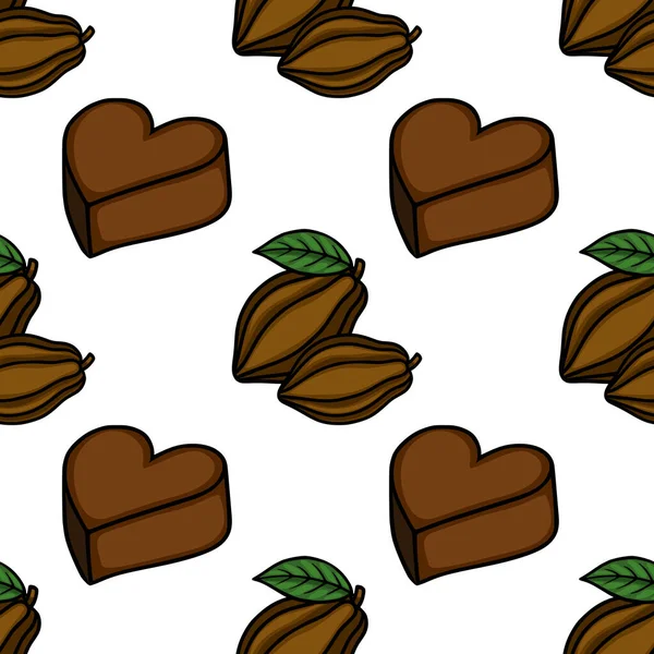 Seamless vector pattern of chocolate heart candies and cocoa pods with green leaves, rendered in a charming, simplistic style.