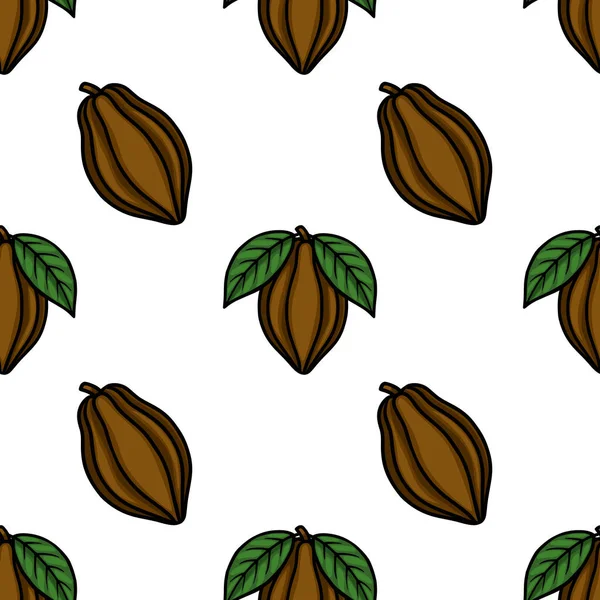 Seamless vector pattern of stylized cocoa pods with vibrant green leaves on a clean white background, evoking a fresh and natural feel for food and beverage branding.