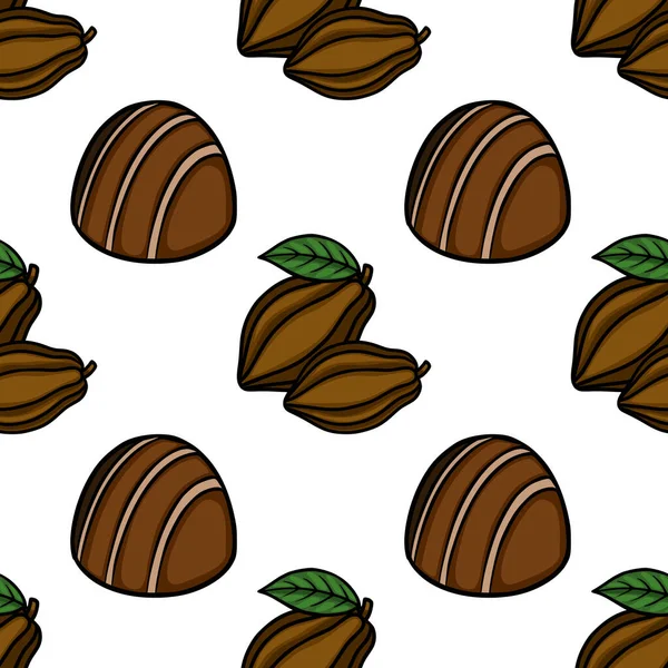 Seamless vector pattern of stylized chocolate candies and cocoa pods with leaves on a white background.