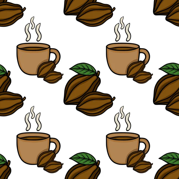 Buharı tüten kakao ve yeşil yapraklı olgun kakao kabukları içeren büyüleyici, pürüzsüz bir desen..