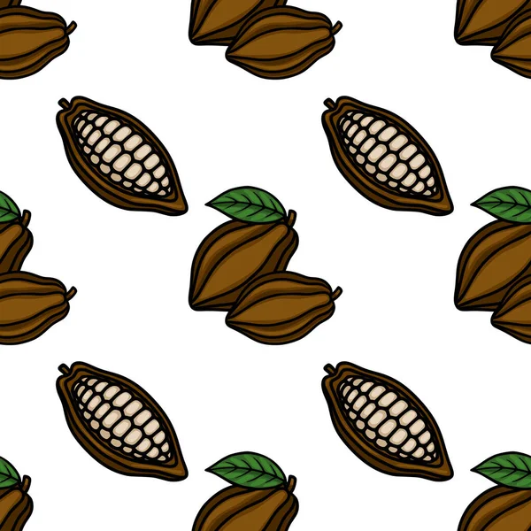 Seamless vector pattern featuring stylized cocoa pods and split halves with visible beans, accented by green leaves on a clean white background.