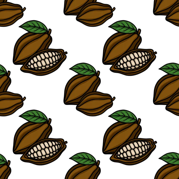 Seamless vector pattern featuring stylized brown cocoa pods with visible white beans inside, accented by vibrant green leaves on a clean white background.