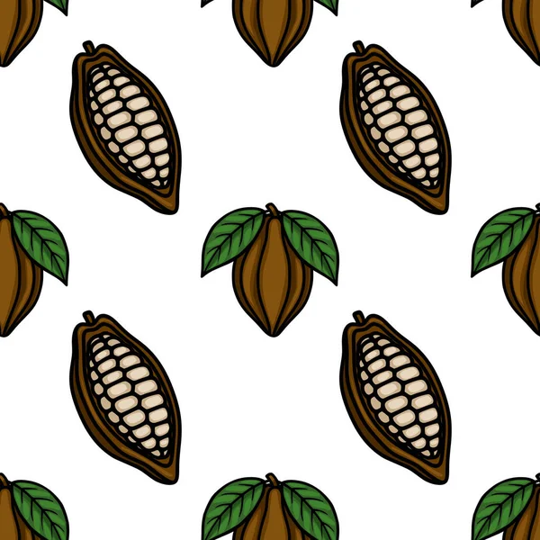 Seamless vector pattern of stylized cocoa pods with visible beans and green leaves, set against a white background, evoking a natural and artisanal food theme.