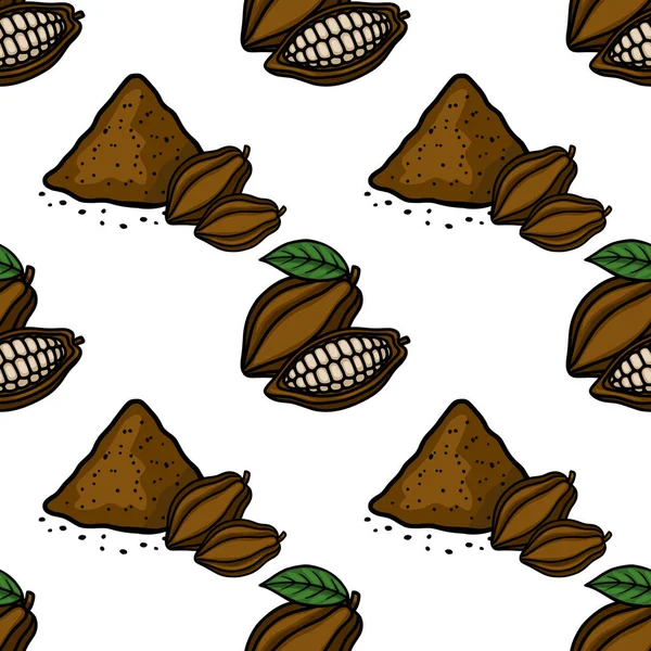 Seamless vector pattern featuring hand-drawn cocoa pods and a mound of cocoa powder, showcasing a rich brown color palette with green leaf accents.
