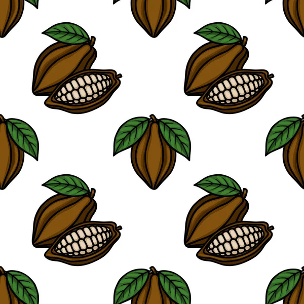 Açık fasulye ve yeşil yapraklı kakao kabuklarının kusursuz vektör deseni beyaz arka planda büyüleyici, el çizimi bir stil oluşturur..