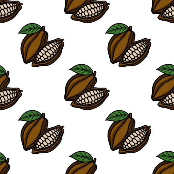Seamless vector pattern of ripe brown cocoa pods with visible beans and green leaves, set against a clean white background.