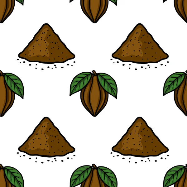 Seamless vector pattern featuring piles of cocoa powder and fresh cocoa pods with leaves, perfect for food-related designs.