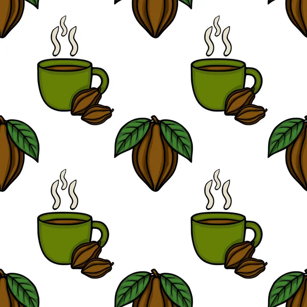 Yapraklı kakao kabuklarının yanında dumanı tüten sıcak çikolata içeren kusursuz bir vektör deseni var..