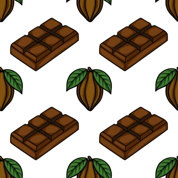 Seamless vector pattern featuring isometric chocolate bars and cocoa pods with green leaves on a white background.