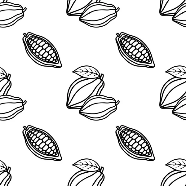 Seamless vector pattern featuring hand-drawn cocoa pods and beans, with a focus on their internal structure and delicate leaves, presented in a clean, minimalist black and white line art style.