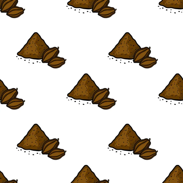 A repeating vector pattern of cocoa pods and rich brown cocoa powder, creating a warm, earthy background.