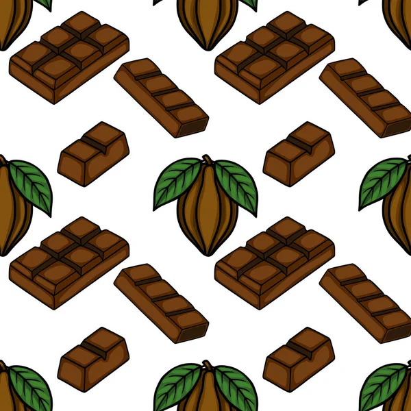 Seamless vector pattern featuring isometric milk chocolate bars and cocoa pods with green leaves.