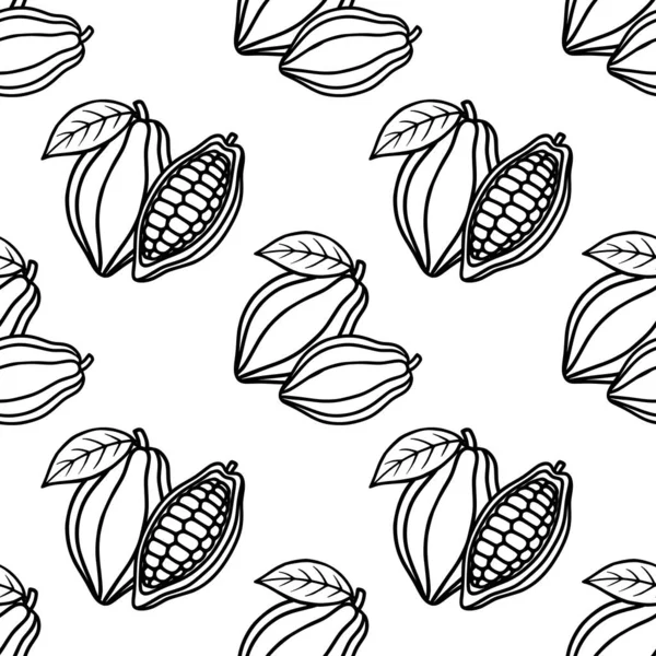 Seamless vector pattern of stylized cocoa pods with leaves on a white background, featuring a clean line art design.