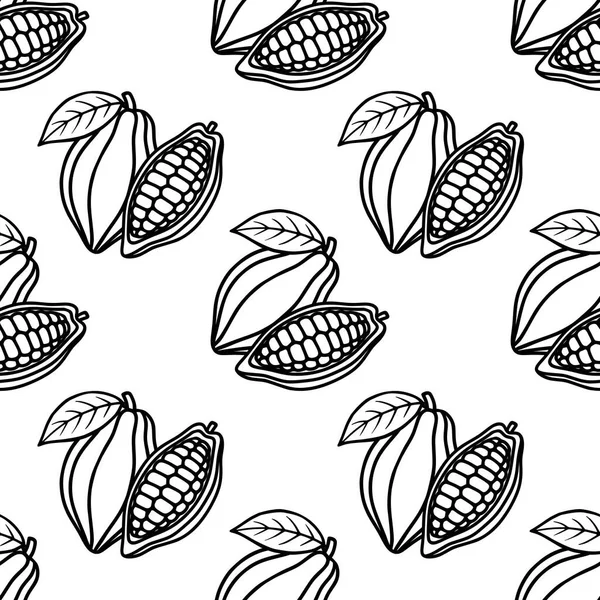 Seamless vector pattern of stylized cocoa pods and leaves in a minimalist black and white line art style, evoking a natural and organic feel.