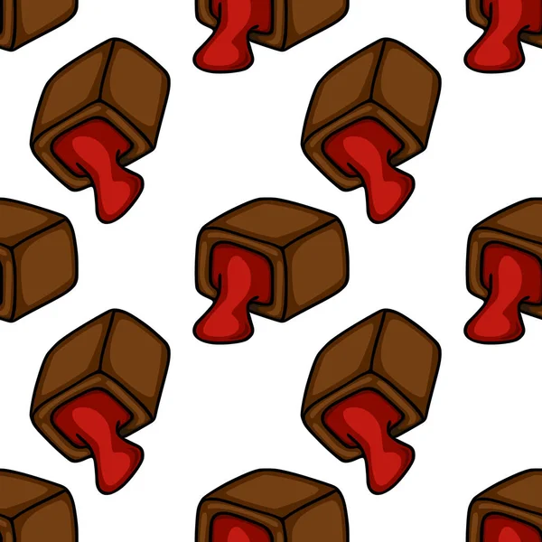 A delightful vector pattern featuring chocolate candies with flowing red filling, presented in a playful, hand-drawn style.