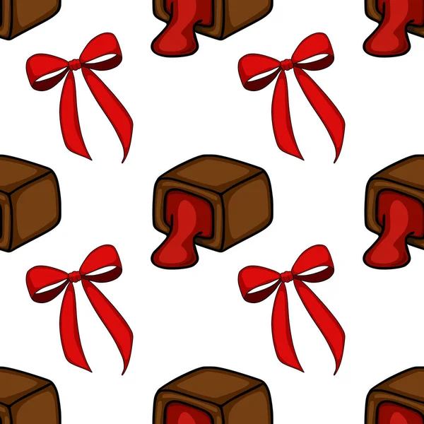 A delightful seamless vector pattern featuring rich brown chocolate confections with vibrant red liquid filling, adorned with charming red bows, set against a clean white background.