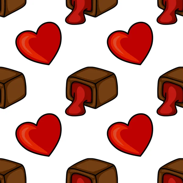 Tatlı temalı arka planlar için mükemmel kırmızı kalpleri ve yapışkan kırmızı dolgusu olan lezzetli çikolata bonbonları içeren kusursuz bir vektör deseni..