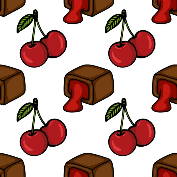 Seamless vector pattern of stylized chocolate candies with red cherry filling and fresh cherries with leaves.