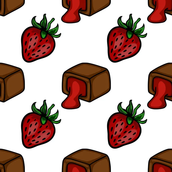 Kırmızı dolgulu çilek ve çikolata şekerlemeleri içeren hoş bir vektör deseni, temiz beyaz arka planda ayarlanmış..