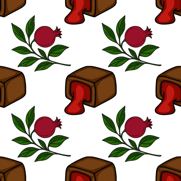 Pürüzsüz vektör deseni, parlak kırmızı renkli, dalgalı çikolatalarla koyu kırmızı narlardan ve yemyeşil yapraklardan oluşan ince dallarla sarmalanmış, nefis bir lezzet yaratıyor....