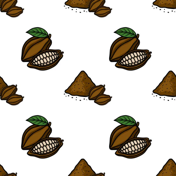 Seamless vector pattern featuring hand-drawn cocoa pods and cocoa powder, evoking a rich, natural, and sweet confectionery theme.